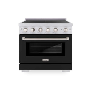 ZLINE 36 in. 5.2 cu. ft. Paramount Induction Range with 5 Element Cooktop and Electric Convection Oven in Satin Stainless Steel with Black Matte Door (SINRS-BLM-36) main image.