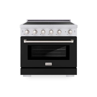 ZLINE 36 in. 5.2 cu. ft. Paramount Induction Range with 5 Element Cooktop and Electric Convection Oven in Satin Stainless Steel with Black Matte Door (SINRS-BLM-36) main image.