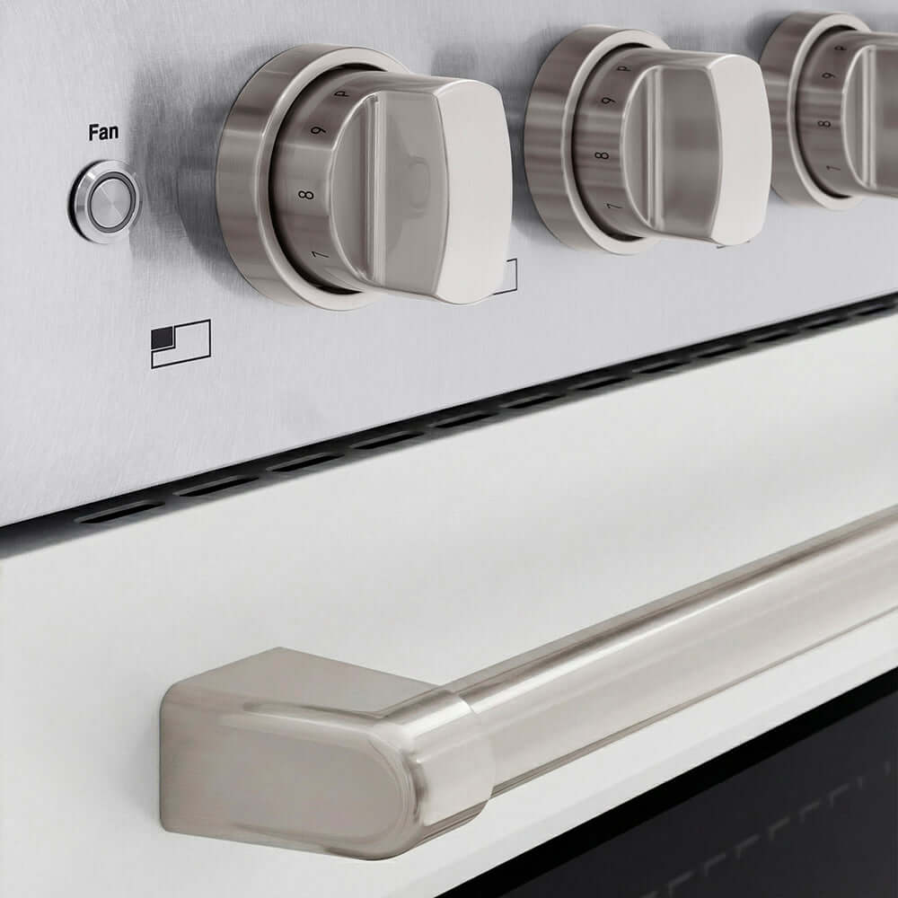 ZLINE 24 in. 3.2 cu. ft. Paramount Induction Range with 3 Element Cooktop and Electric Convection Oven in Satin Stainless Steel with White Matte Door (SINRS-WM-24) close-up cooktop and oven control knobs.