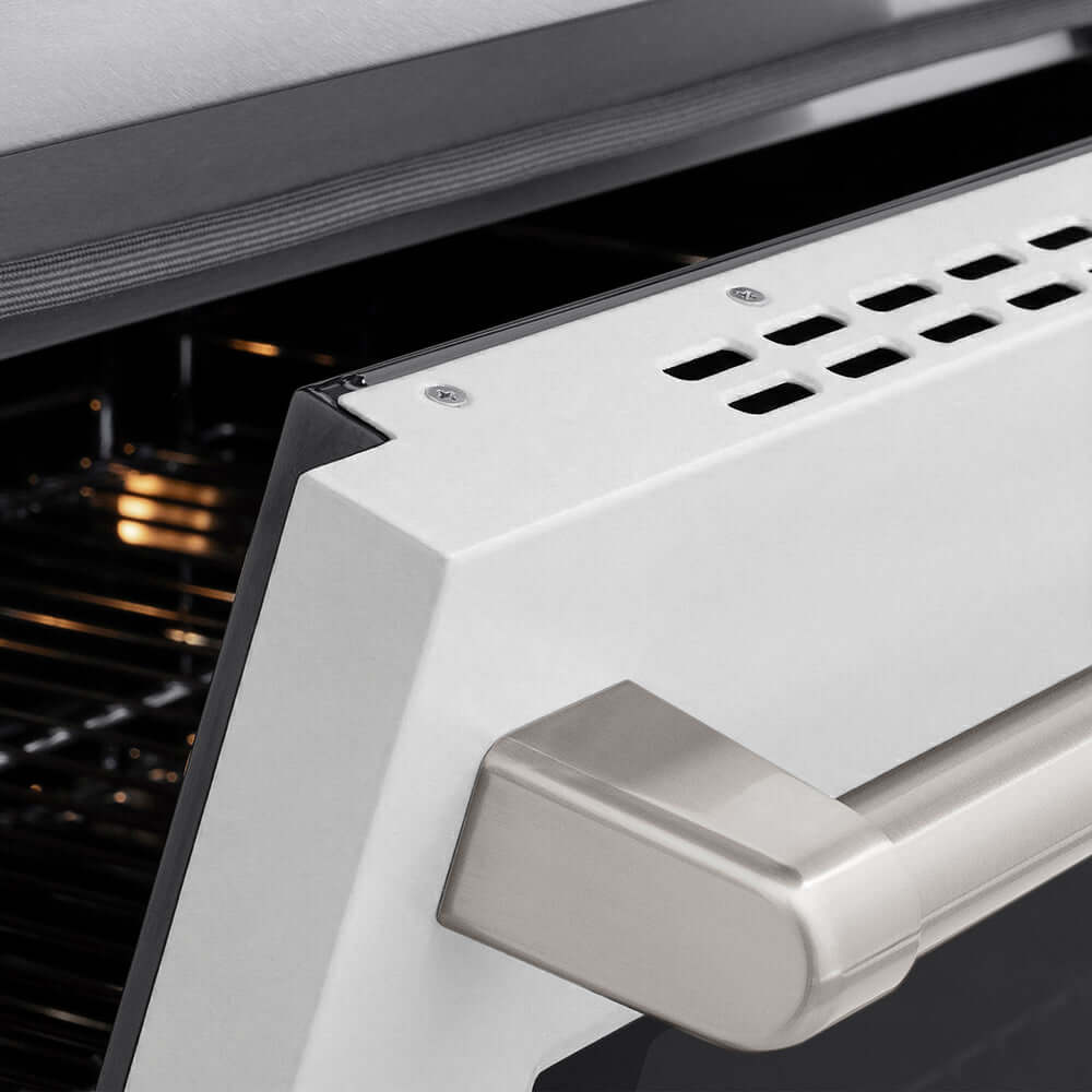 ZLINE 30 in. 4.2 cu. ft. Paramount Induction Range with 4 Element Cooktop and Electric Convection Oven in Satin Stainless Steel with White Matte Door (SINRS-WM-30) oven door slightly open showing handle detail.