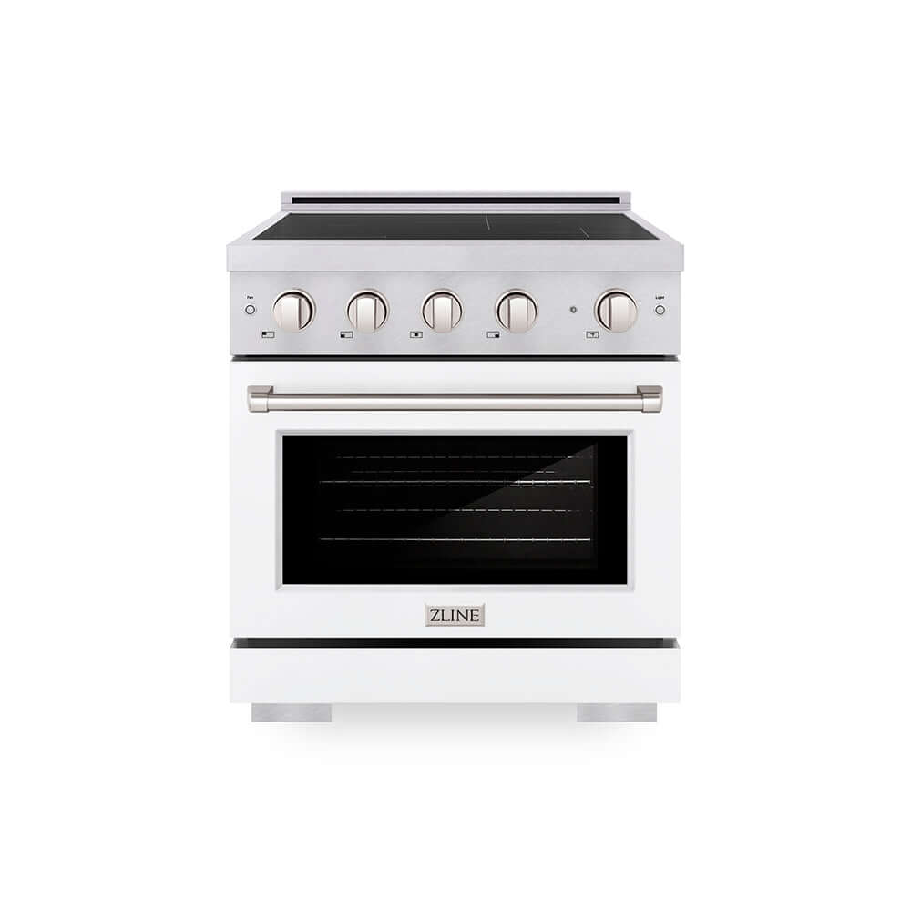 ZLINE 30 in. 4.2 cu. ft. Paramount Induction Range with 4 Element Cooktop and Electric Convection Oven in Satin Stainless Steel with White Matte Door (SINRS-WM-30) main image.