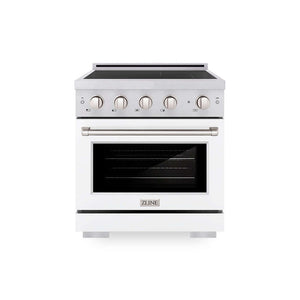 ZLINE 30 in. 4.2 cu. ft. Paramount Induction Range with 4 Element Cooktop and Electric Convection Oven in Satin Stainless Steel with White Matte Door (SINRS-WM-30) main image.