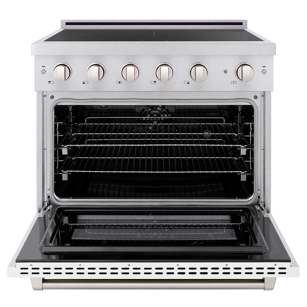 ZLINE 36 in. 5.2 cu. ft. Paramount Induction Range with 5 Element Cooktop and Electric Convection Oven in Satin Stainless Steel with White Matte Door (SINRS-WM-36) front, oven open.