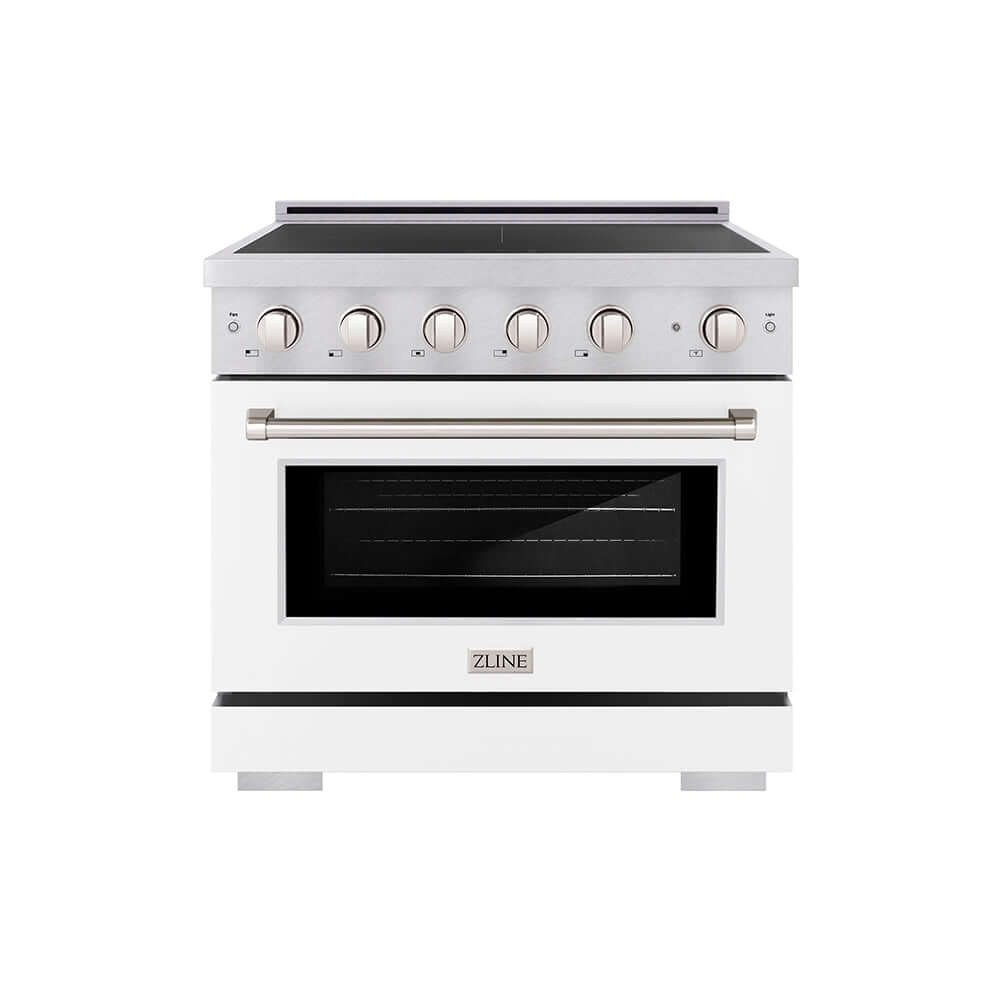 ZLINE 36 in. 5.2 cu. ft. Paramount Induction Range with 5 Element Cooktop and Electric Convection Oven in Satin Stainless Steel with White Matte Door (SINRS-WM-36) main image.