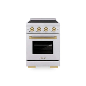 ZLINE Autograph Edition 24 in. 3.2 cu. ft. Paramount Induction Range with 3 Element Cooktop and Electric Convection Oven in Satin Stainless Steel with Champagne Bronze Accents (SINRSZ-24-CB) main image.