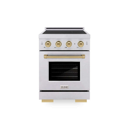 ZLINE Autograph Edition 24 in. 3.2 cu. ft. Paramount Induction Range with 3 Element Cooktop and Electric Convection Oven in Satin Stainless Steel with Champagne Bronze Accents (SINRSZ-24-CB) main image.