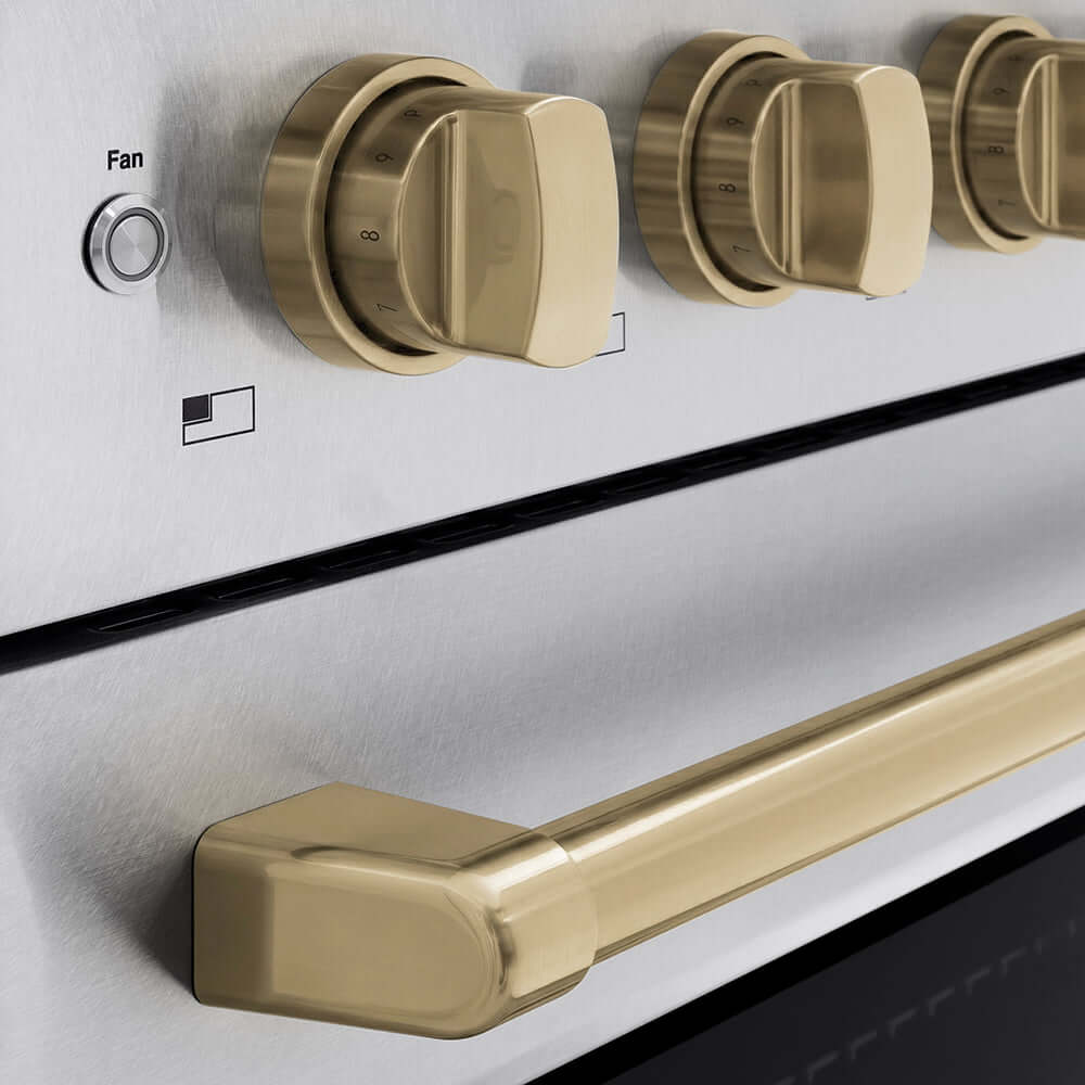 ZLINE Autograph Edition 24 in. 3.2 cu. ft. Paramount Induction Range with 3 Element Cooktop and Electric Convection Oven in Satin Stainless Steel with Champagne Bronze Accents (SINRSZ-24-CB) close-up of oven and cooktop knob controls.