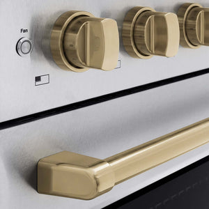 ZLINE Autograph Edition 24 in. 3.2 cu. ft. Paramount Induction Range with 3 Element Cooktop and Electric Convection Oven in Satin Stainless Steel with Champagne Bronze Accents (SINRSZ-24-CB) close-up of oven and cooktop knob controls.