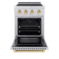ZLINE Autograph Edition 24 in. 3.2 cu. ft. Paramount Induction Range with 3 Element Cooktop and Electric Convection Oven in Satin Stainless Steel with Polished Gold Accents (SINRSZ-24-G) front, oven open.