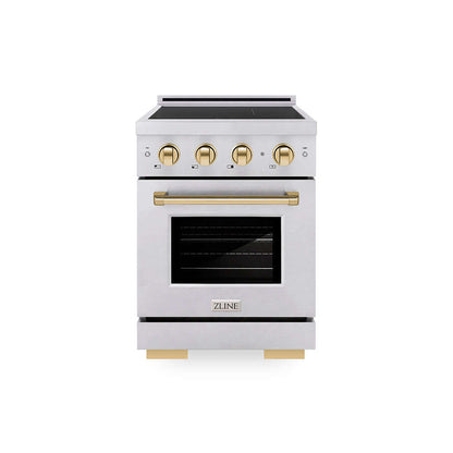 ZLINE Autograph Edition 24 in. 3.2 cu. ft. Paramount Induction Range with 3 Element Cooktop and Electric Convection Oven in Satin Stainless Steel with Polished Gold Accents (SINRSZ-24-G) main image.