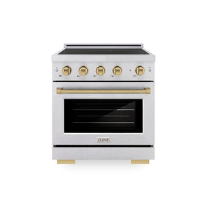 ZLINE Autograph Edition 30 in. 4.2 cu. ft. Paramount Induction Range with 4 Element Cooktop and Electric Convection Oven in Satin Stainless Steel with Champagne Bronze Accents, Open Box-Great Condition main image.