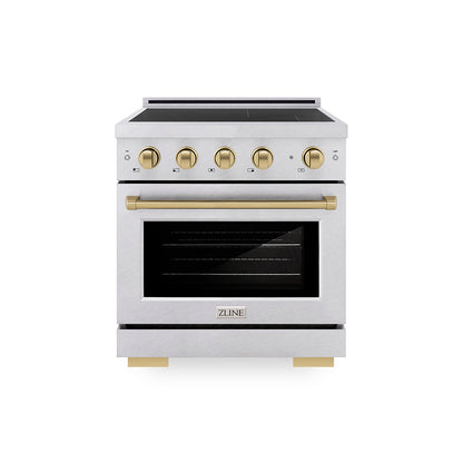 ZLINE Autograph Edition 30 in. 4.2 cu. ft. Paramount Induction Range with 4 Element Cooktop and Electric Convection Oven in Satin Stainless Steel with Champagne Bronze Accents, Open Box-Great Condition