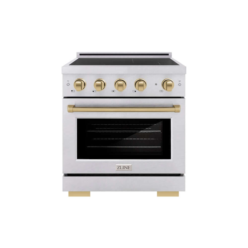 ZLINE Autograph Edition 30 in. 4.2 cu. ft. Paramount Induction Range with 4 Element Cooktop and Electric Convection Oven in Satin Stainless Steel with Champagne Bronze Accents (SINRSZ-30-CB) main image.