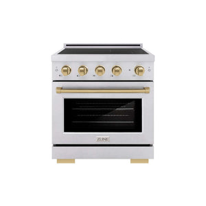 ZLINE Autograph Edition 30 in. 4.2 cu. ft. Paramount Induction Range with 4 Element Cooktop and Electric Convection Oven in Satin Stainless Steel with Champagne Bronze Accents (SINRSZ-30-CB) main image.