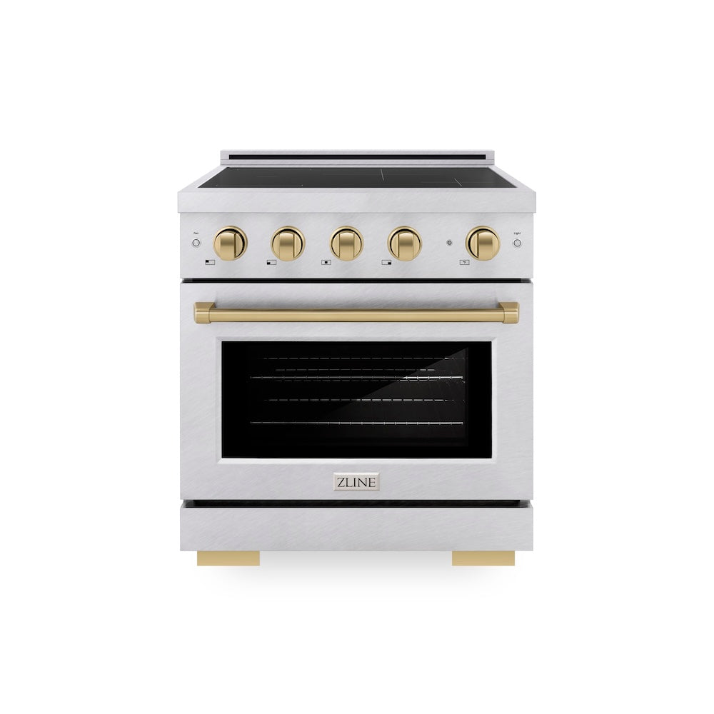 ZLINE Autograph Edition 30 in. 4.2 cu. ft. Paramount Induction Range with 4 Element Cooktop and Electric Convection Oven in Satin Stainless Steel with Champagne Bronze Accents, Open Box-Good Condition