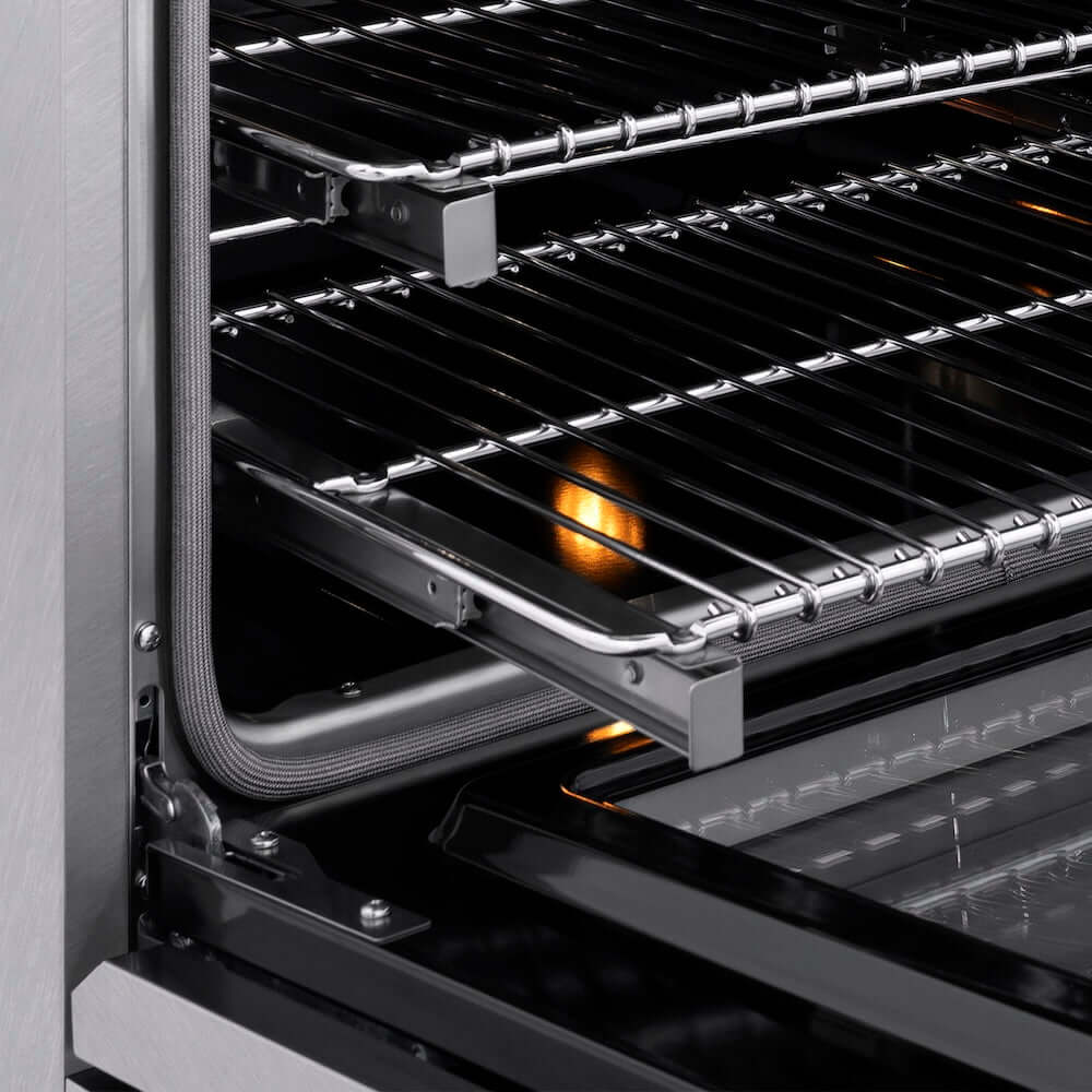 ZLINE Autograph Edition 30 in. 4.2 cu. ft. Paramount Induction Range with 4 Element Cooktop and Electric Convection Oven in Satin Stainless Steel with Champagne Bronze Accents (SINRSZ-30-CB) close-up, open oven with racks extended, showing interior components.