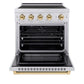 ZLINE Autograph Edition 30 in. 4.2 cu. ft. Paramount Induction Range with 4 Element Cooktop and Electric Convection Oven in Satin Stainless Steel with Polished Gold Accents (SINRSZ-30-G) front, oven open.