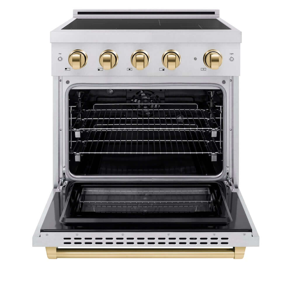 ZLINE Autograph Edition 30 in. 4.2 cu. ft. Paramount Induction Range with 4 Element Cooktop and Electric Convection Oven in Satin Stainless Steel with Polished Gold Accents (SINRSZ-30-G) front, oven open.