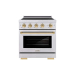 ZLINE Autograph Edition 30 in. 4.2 cu. ft. Paramount Induction Range with 4 Element Cooktop and Electric Convection Oven in Satin Stainless Steel with Polished Gold Accents (SINRSZ-30-G) main image.