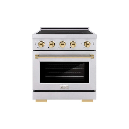 ZLINE Autograph Edition 30 in. 4.2 cu. ft. Paramount Induction Range with 4 Element Cooktop and Electric Convection Oven in Satin Stainless Steel with Polished Gold Accents (SINRSZ-30-G) main image.