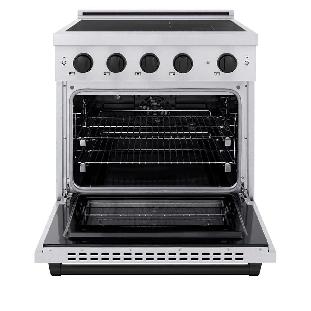 ZLINE Autograph Edition 30 in. 4.2 cu. ft. Paramount Induction Range with 4 Element Cooktop and Electric Convection Oven in Satin Stainless Steel with Matte Black Accents (SINRSZ-30-MB) front, oven open.