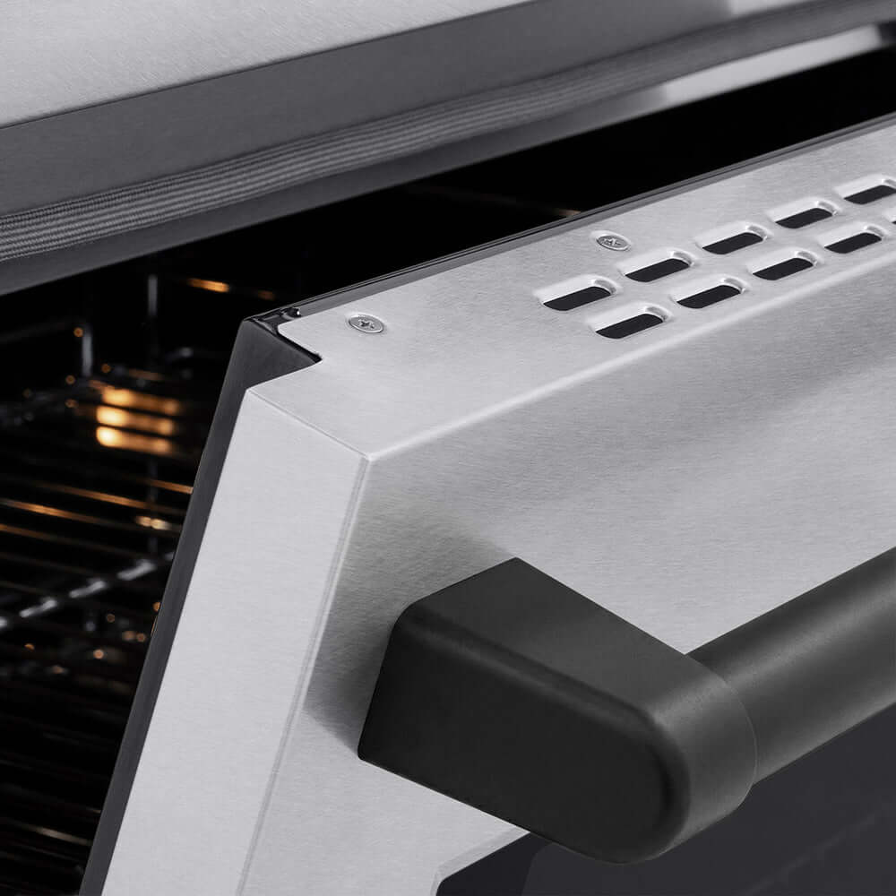 ZLINE Autograph Edition 30 in. 4.2 cu. ft. Paramount Induction Range with 4 Element Cooktop and Electric Convection Oven in Satin Stainless Steel with Matte Black Accents (SINRSZ-30-MB) oven door slightly open showing handle detail.
