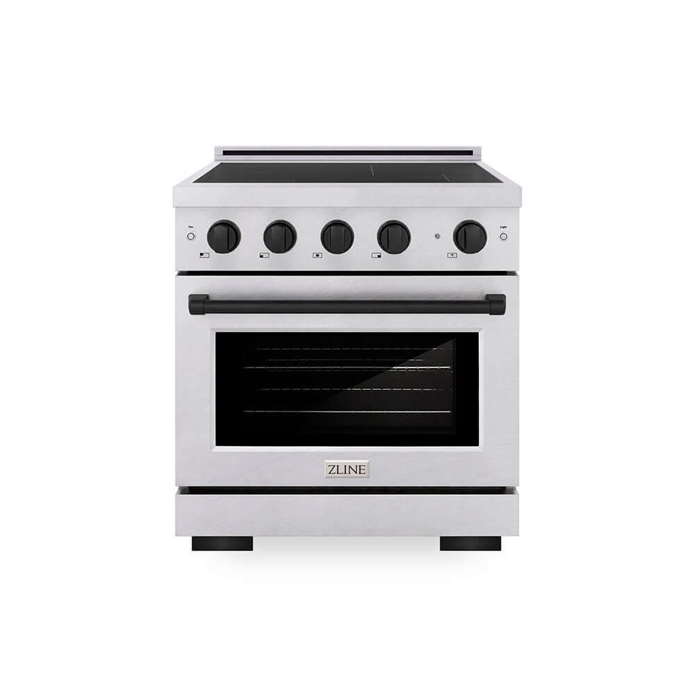 ZLINE Autograph Edition 30 in. 4.2 cu. ft. Paramount Induction Range with 4 Element Cooktop and Electric Convection Oven in Satin Stainless Steel with Matte Black Accents (SINRSZ-30-MB) main image.
