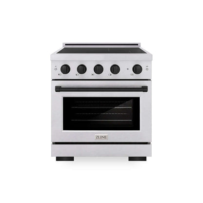 ZLINE Autograph Edition 30 in. 4.2 cu. ft. Paramount Induction Range with 4 Element Cooktop and Electric Convection Oven in Satin Stainless Steel with Matte Black Accents (SINRSZ-30-MB) main image.