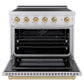ZLINE Autograph Edition 36 in. 5.2 cu. ft. Paramount Induction Range with 5 Element Cooktop and Electric Convection Oven in Satin Stainless Steel with Champagne Bronze Accents (SINRSZ-36-CB) front, oven open.