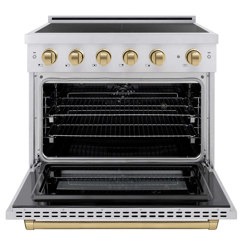ZLINE Autograph Edition 36 in. 5.2 cu. ft. Paramount Induction Range with 5 Element Cooktop and Electric Convection Oven in Satin Stainless Steel with Champagne Bronze Accents (SINRSZ-36-CB) front, oven open.