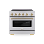 ZLINE Autograph Edition 36 in. 5.2 cu. ft. Paramount Induction Range with 5 Element Cooktop and Electric Convection Oven in Satin Stainless Steel with Champagne Bronze Accents (SINRSZ-36-CB) main image.
