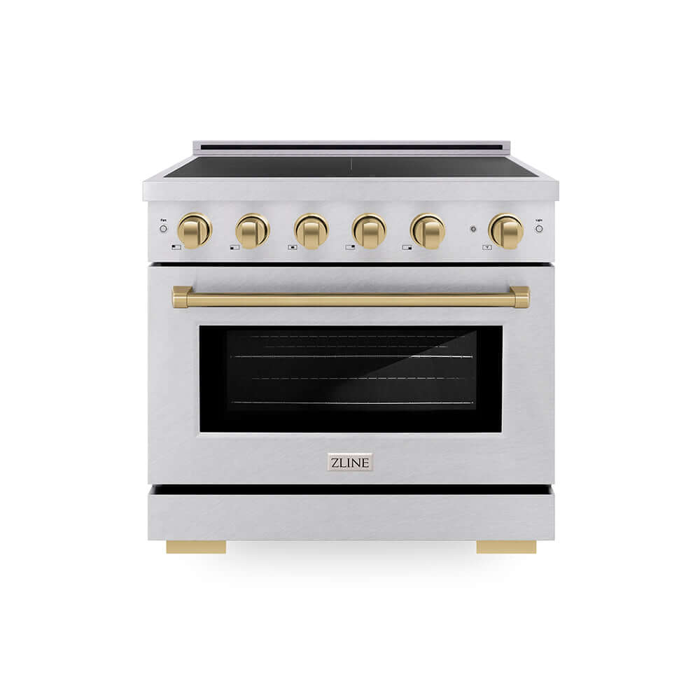 ZLINE Autograph Edition 36 in. 5.2 cu. ft. Paramount Induction Range with 5 Element Cooktop and Electric Convection Oven in Satin Stainless Steel with Champagne Bronze Accents (SINRSZ-36-CB) main image.