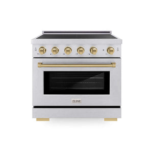 ZLINE Autograph Edition 36 in. 5.2 cu. ft. Paramount Induction Range with 5 Element Cooktop and Electric Convection Oven in Satin Stainless Steel with Champagne Bronze Accents (SINRSZ-36-CB) main image.