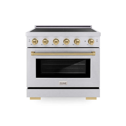 ZLINE Autograph Edition 36 in. 5.2 cu. ft. Paramount Induction Range with 5 Element Cooktop and Electric Convection Oven in Satin Stainless Steel with Champagne Bronze Accents (SINRSZ-36-CB) main image.