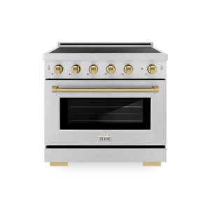 ZLINE Autograph Edition 36 in. 5.2 cu. ft. Paramount Induction Range with 5 Element Cooktop and Electric Convection Oven in Satin Stainless Steel with Champagne Bronze Accents, Open Box-Great Condition main image.