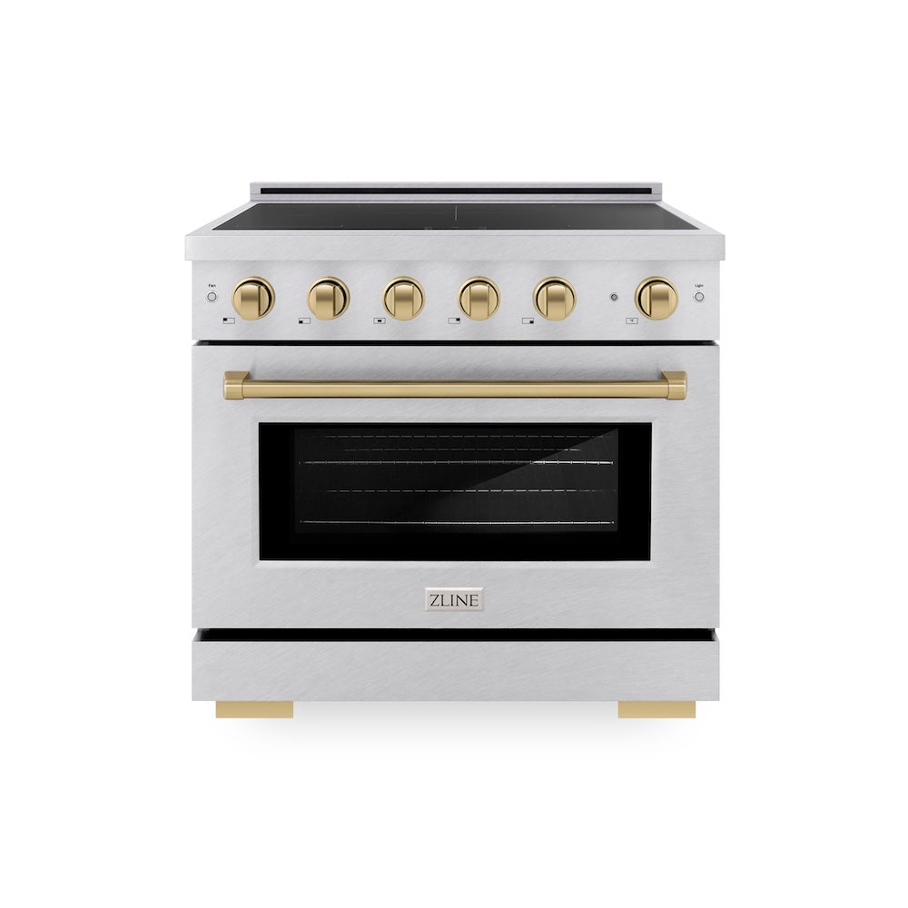 ZLINE Autograph Edition 36 in. 5.2 cu. ft. Paramount Induction Range with 5 Element Cooktop and Electric Convection Oven in Satin Stainless Steel with Champagne Bronze Accents, Open Box-Good Condition