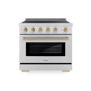 ZLINE Autograph Edition 36 in. 5.2 cu. ft. Paramount Induction Range with 5 Element Cooktop and Electric Convection Oven in Satin Stainless Steel with Champagne Bronze Accents, Open Box-Good Condition main image.