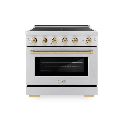 ZLINE Autograph Edition 36 in. 5.2 cu. ft. Paramount Induction Range with 5 Element Cooktop and Electric Convection Oven in Satin Stainless Steel with Champagne Bronze Accents, Open Box-Good Condition