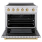 ZLINE Autograph Edition 36 in. 5.2 cu. ft. Paramount Induction Range with 5 Element Cooktop and Electric Convection Oven in Satin Stainless Steel with Polished Gold Accents (SINRSZ-36-G) front, oven open.