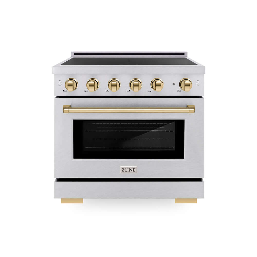 ZLINE Autograph Edition 36 in. 5.2 cu. ft. Paramount Induction Range with 5 Element Cooktop and Electric Convection Oven in Satin Stainless Steel with Polished Gold Accents (SINRSZ-36-G) main image.