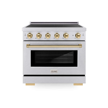 ZLINE Autograph Edition 36 in. 5.2 cu. ft. Paramount Induction Range with 5 Element Cooktop and Electric Convection Oven in Satin Stainless Steel with Polished Gold Accents (SINRSZ-36-G) main image.