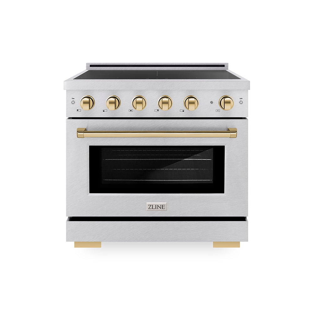 ZLINE Autograph Edition 36 in. 5.2 cu. ft. Paramount Induction Range with 5 Element Cooktop and Electric Convection Oven in Satin Stainless Steel with Polished Gold Accents, Open Box-Great Condition main image.