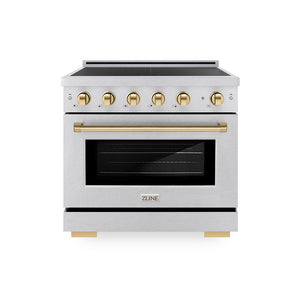 ZLINE Autograph Edition 36 in. 5.2 cu. ft. Paramount Induction Range with 5 Element Cooktop and Electric Convection Oven in Satin Stainless Steel with Polished Gold Accents, Open Box-Great Condition main image.