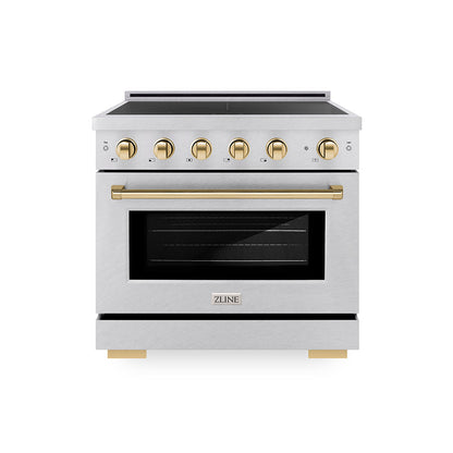 ZLINE Autograph Edition 36 in. 5.2 cu. ft. Paramount Induction Range with 5 Element Cooktop and Electric Convection Oven in Satin Stainless Steel with Polished Gold Accents, Open Box-Great Condition