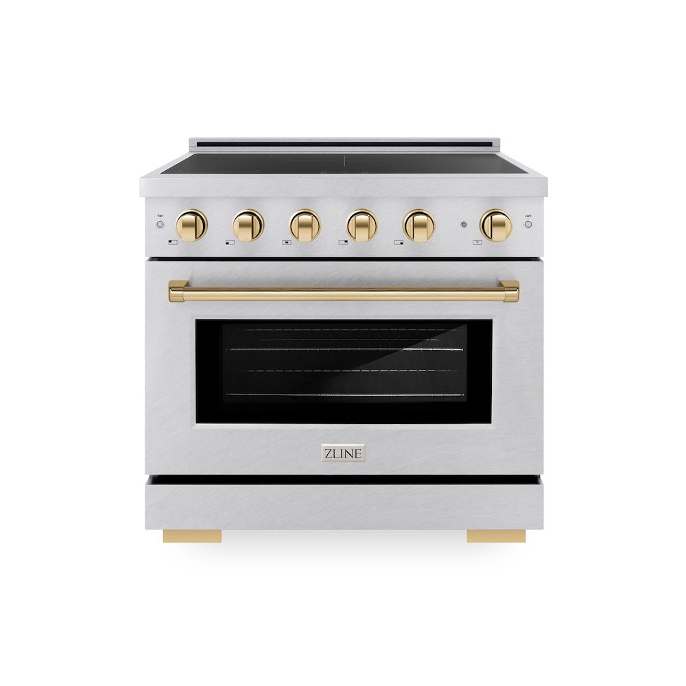 ZLINE Autograph Edition 36 in. 5.2 cu. ft. Paramount Induction Range with 5 Element Cooktop and Electric Convection Oven in Satin Stainless Steel with Polished Gold Accents, Open Box-Good Condition