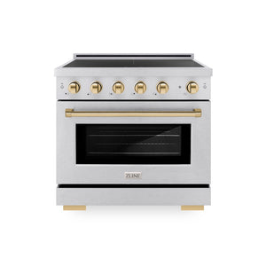 ZLINE Autograph Edition 36 in. 5.2 cu. ft. Paramount Induction Range with 5 Element Cooktop and Electric Convection Oven in Satin Stainless Steel with Polished Gold Accents, Open Box-Good Condition main image.