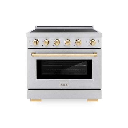 ZLINE Autograph Edition 36 in. 5.2 cu. ft. Paramount Induction Range with 5 Element Cooktop and Electric Convection Oven in Satin Stainless Steel with Polished Gold Accents, Open Box-Good Condition