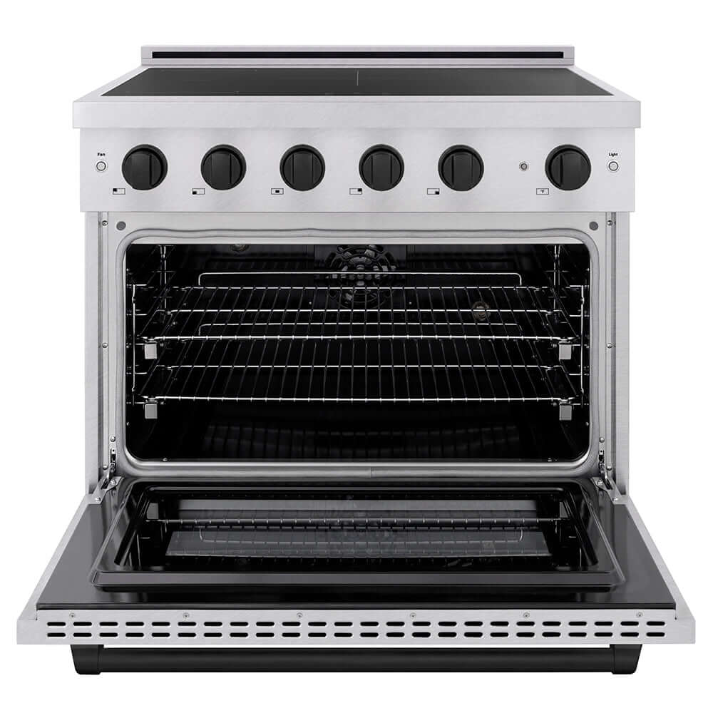 ZLINE Autograph Edition 36 in. 5.2 cu. ft. Paramount Induction Range with 5 Element Cooktop and Electric Convection Oven in Satin Stainless Steel with Matte Black Accents (SINRSZ-36-MB) front, oven open.