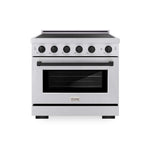 ZLINE Autograph Edition 36 in. 5.2 cu. ft. Paramount Induction Range with 5 Element Cooktop and Electric Convection Oven in Satin Stainless Steel with Matte Black Accents (SINRSZ-36-MB) main image.
