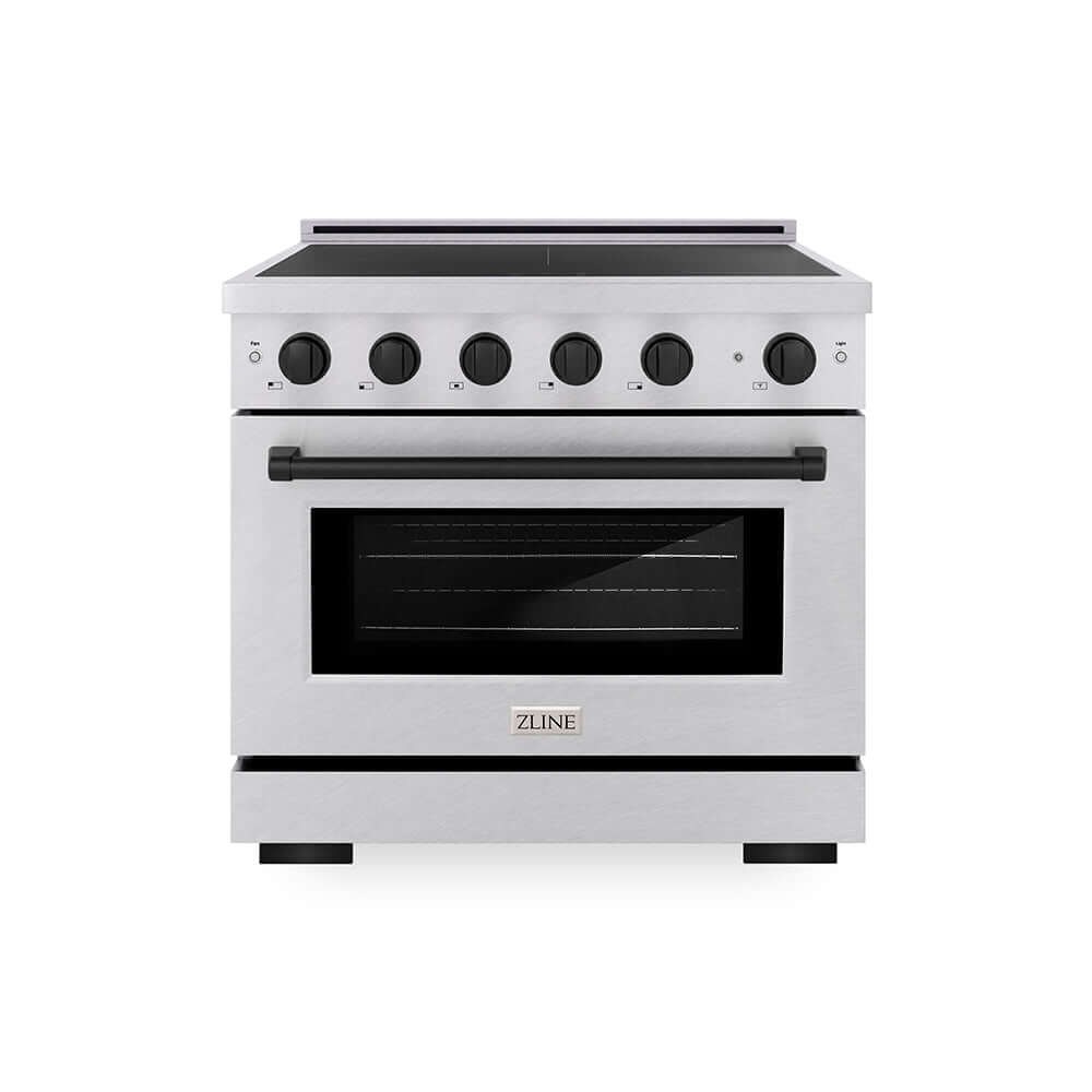 ZLINE Autograph Edition 36 in. 5.2 cu. ft. Paramount Induction Range with 5 Element Cooktop and Electric Convection Oven in Satin Stainless Steel with Matte Black Accents (SINRSZ-36-MB) main image.